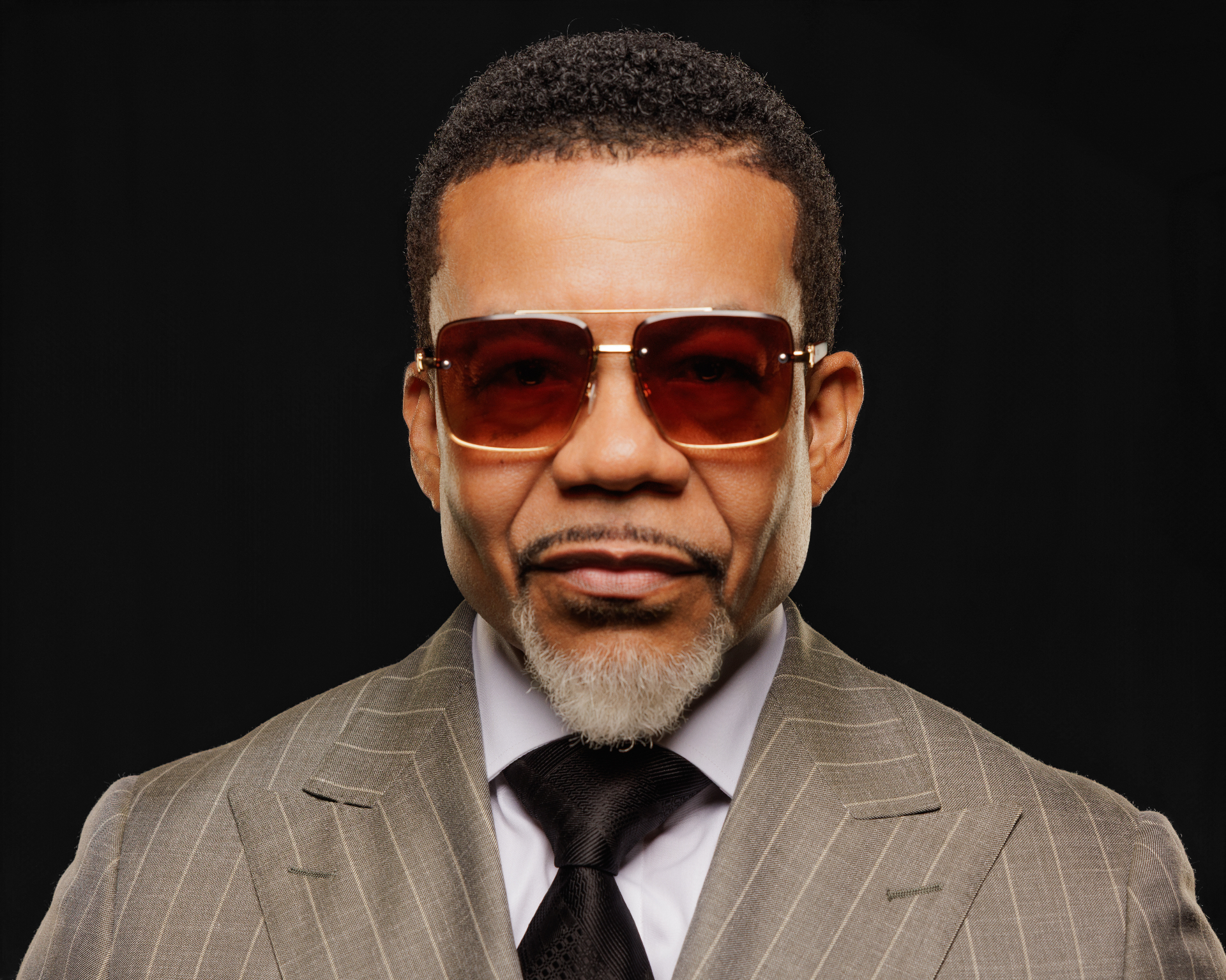 Executive portrait in pinstripe suit with tinted aviators